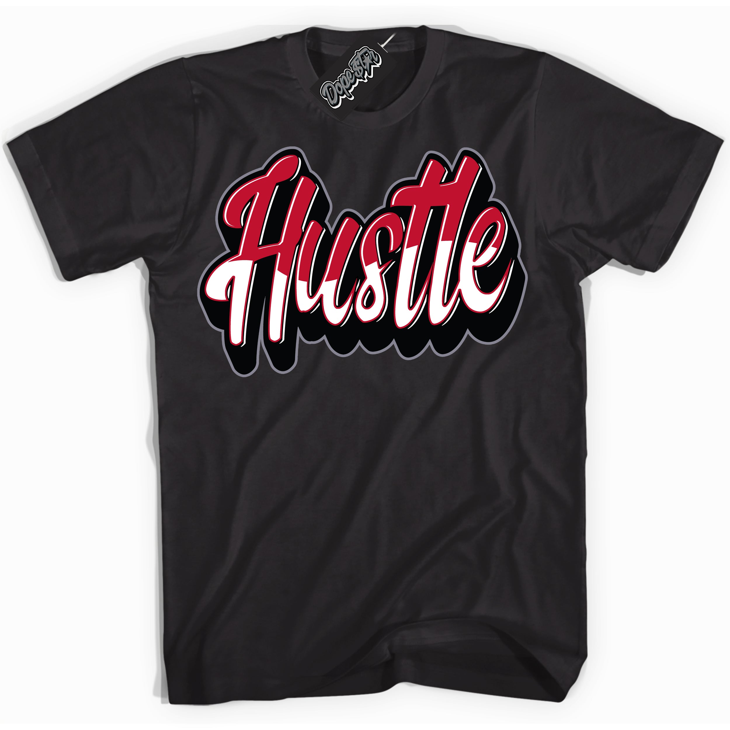Cool Black Shirt with “ Hustle ” design that perfectly matches Cement Grey Fire Red 1s Sneakers.