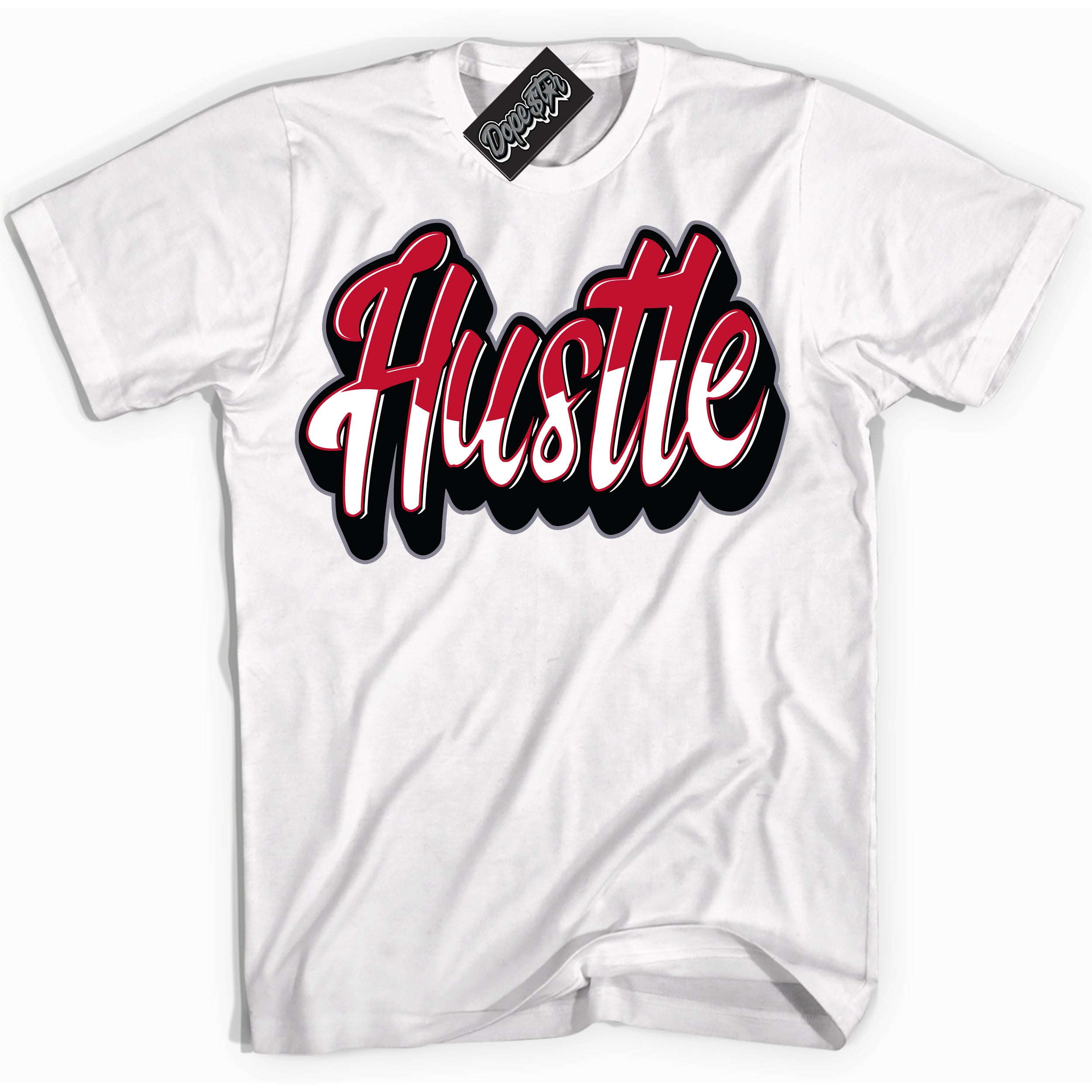Cool White Shirt with “ Hustle ” design that perfectly matches Cement Grey Fire Red 1s Sneakers.