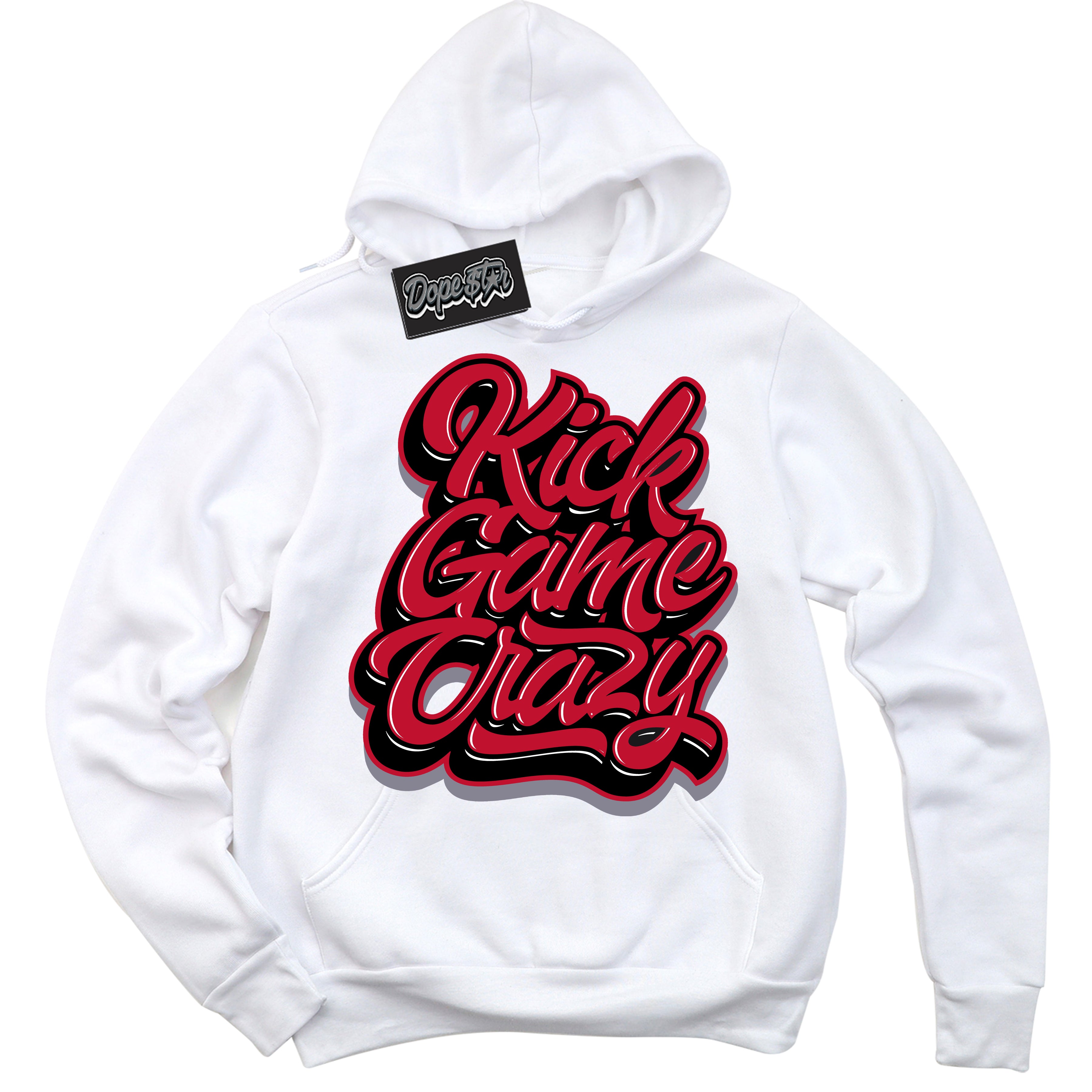 Cool White Hoodie with “ Kick Game Crazy '' design that Perfectly Matches  Cement Grey Fire Red 1s Sneakers.