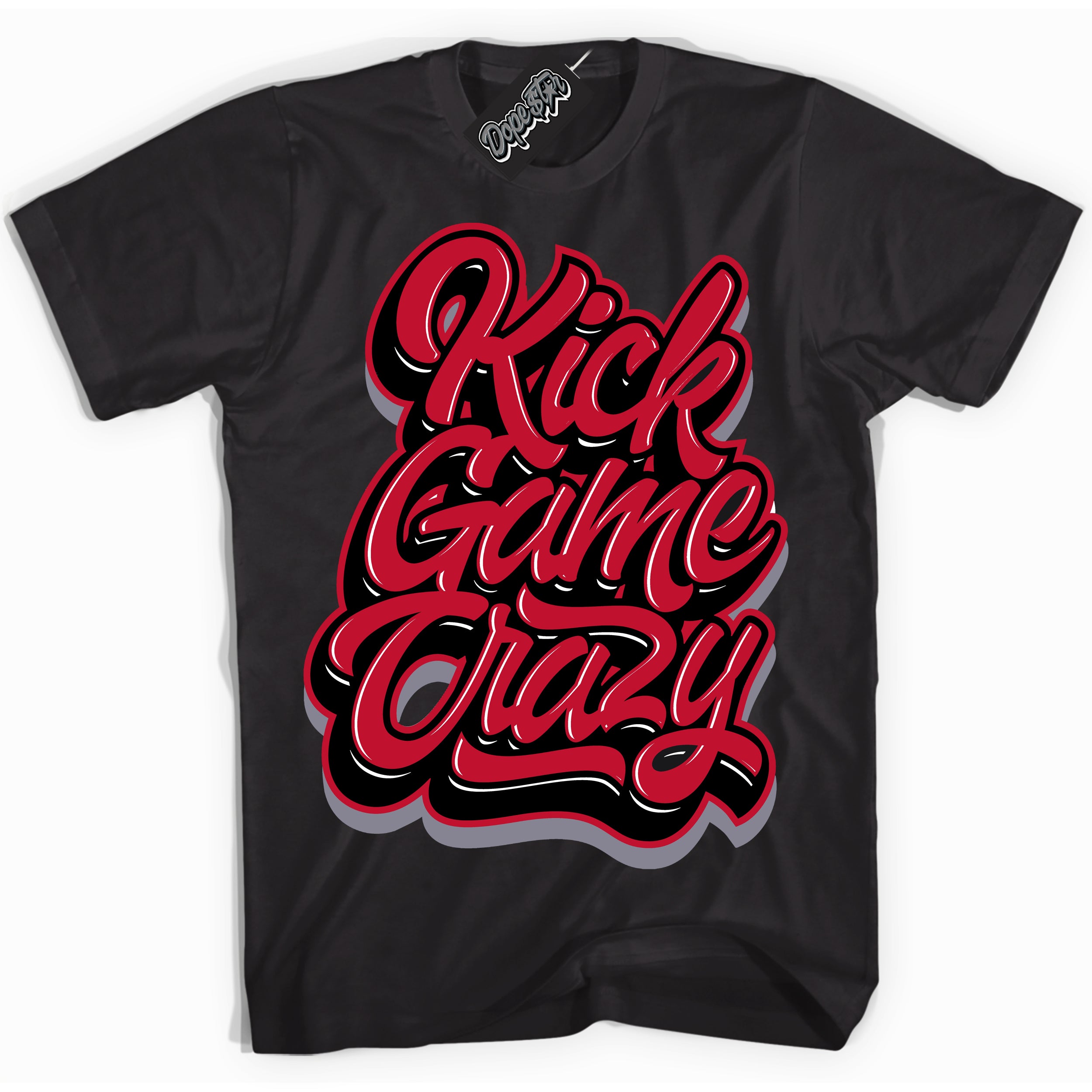 Cool Black Shirt with “ Kick Game Crazy ” design that perfectly matches Cement Grey Fire Red 1s Sneakers.