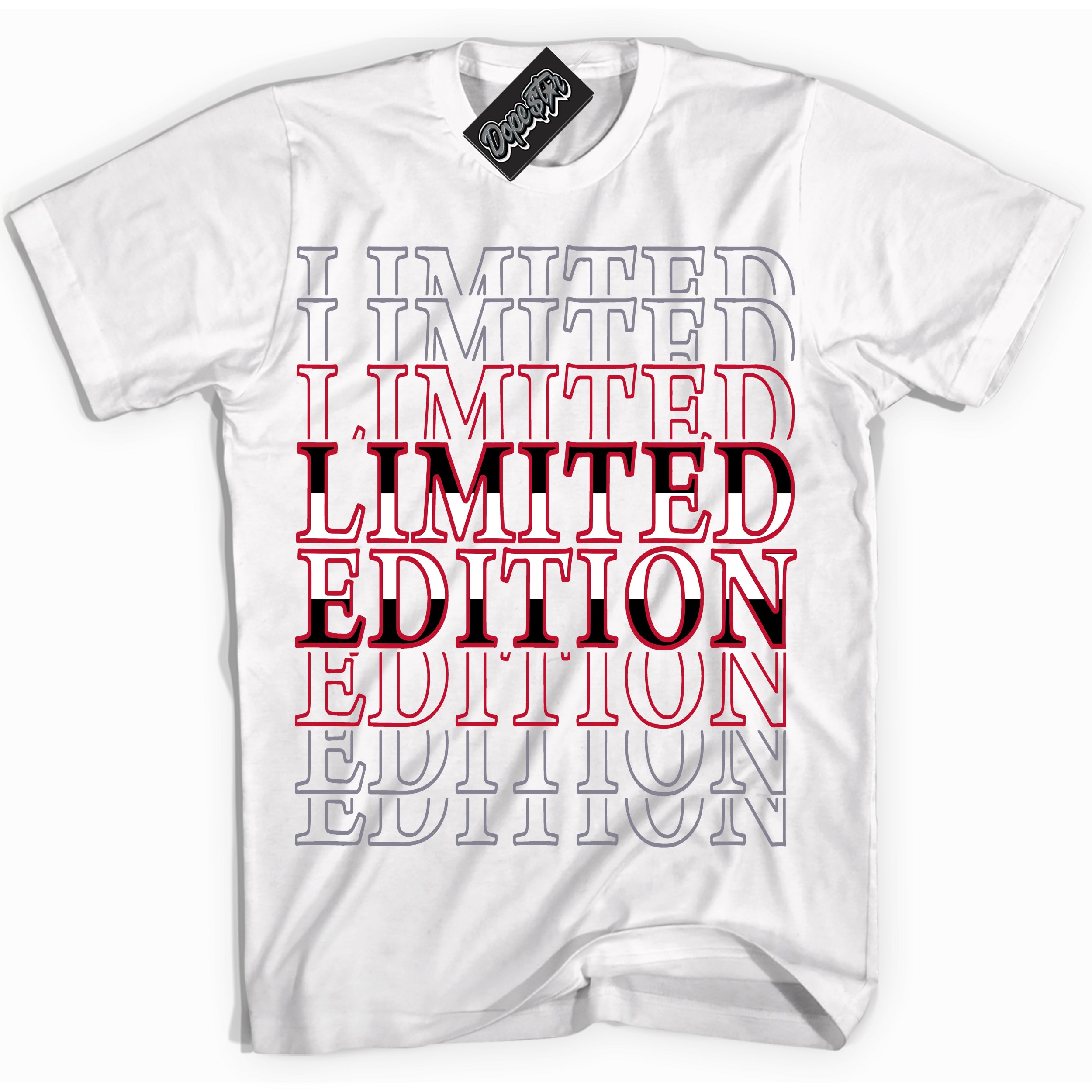 Cool White Shirt with “ Limited Edition ” design that perfectly matches Cement Grey Fire Red 1s Sneakers.