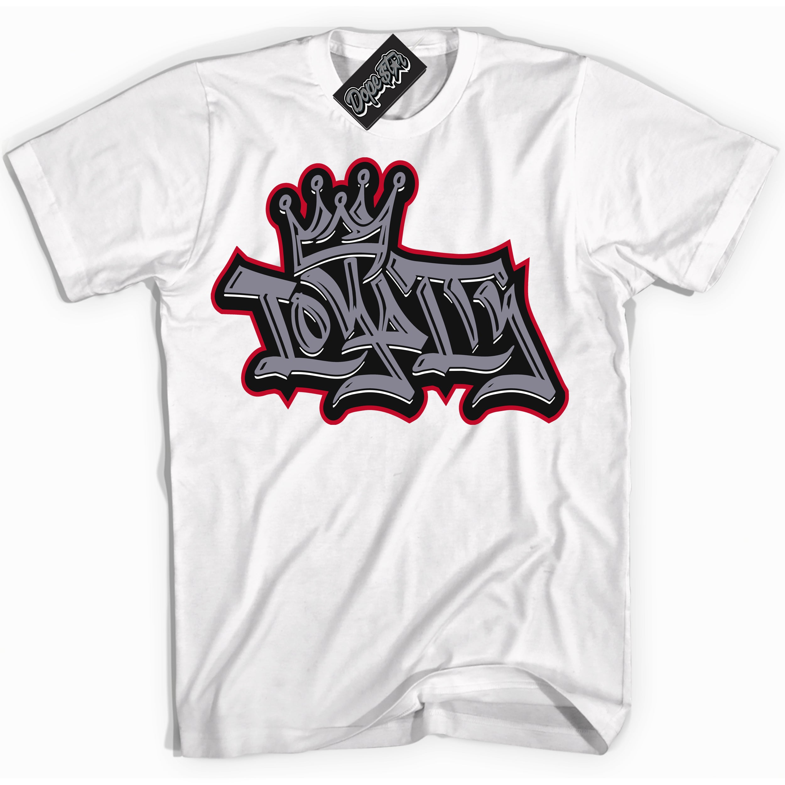 Cool White Shirt with “ Loyalty Crown ” design that perfectly matches Cement Grey Fire Red 1s Sneakers.