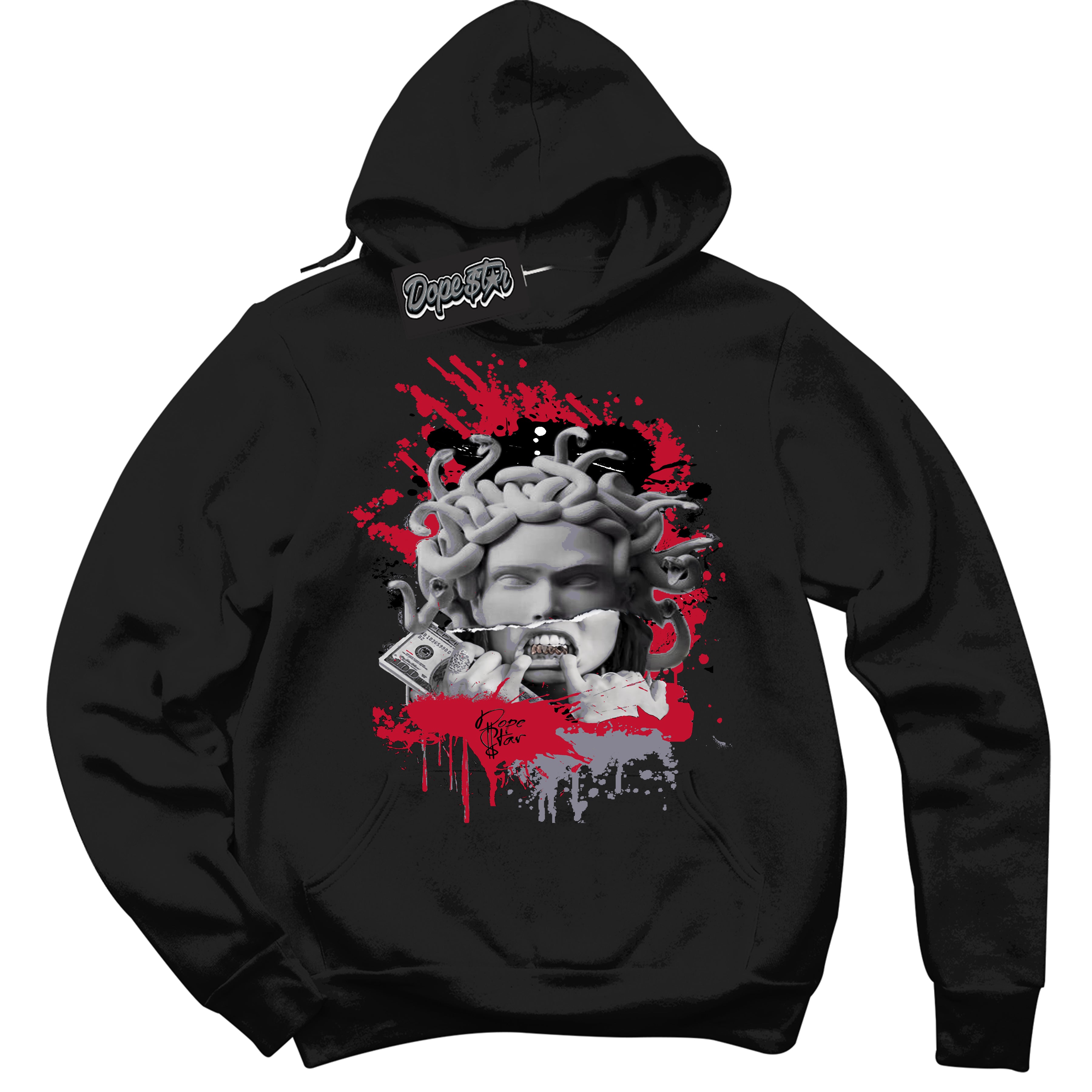 Cool Black Hoodie with “ Medusa '' design that Perfectly Matches  Cement Grey Fire Red 1s Sneakers.
