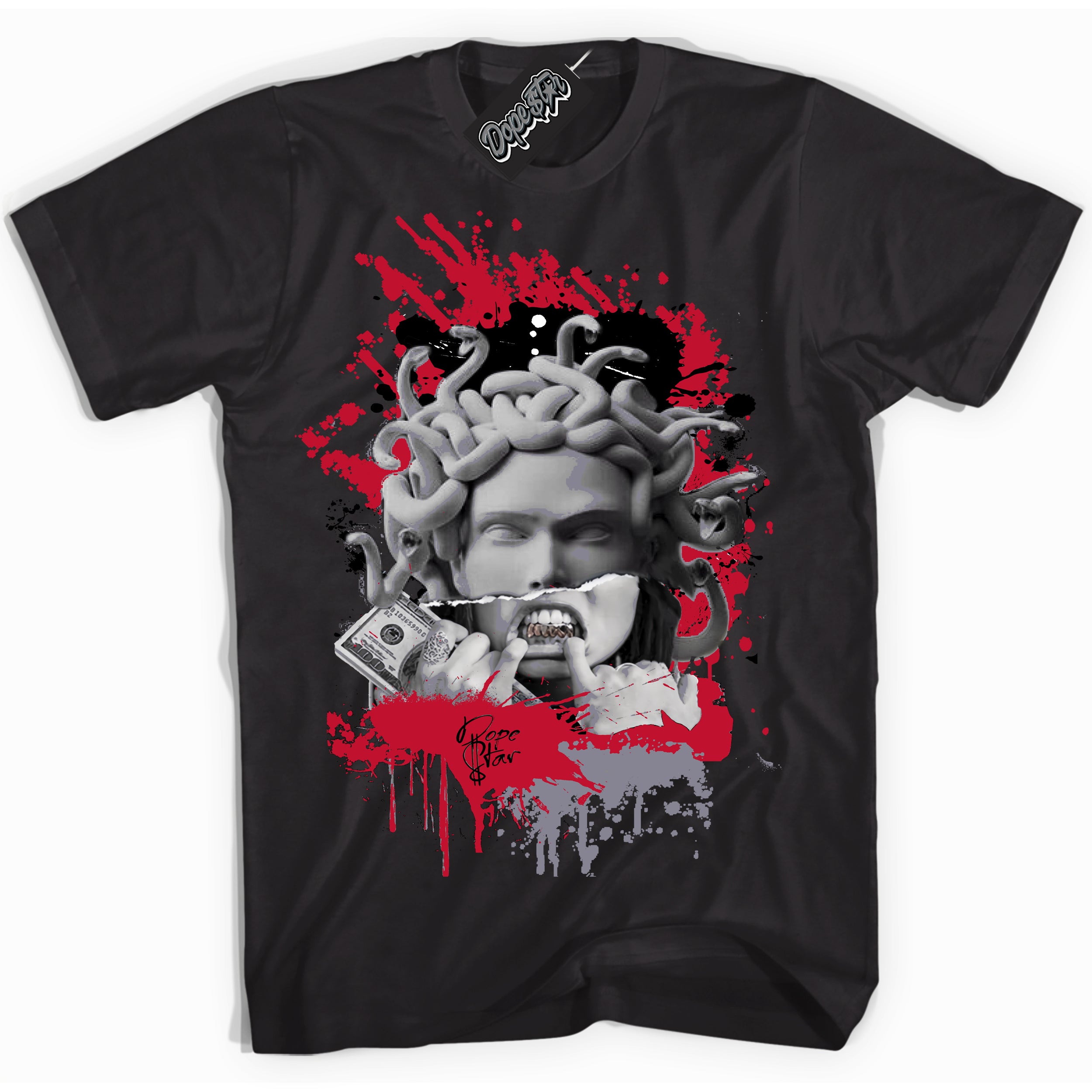 Cool Black Shirt with “ Medusa ” design that perfectly matches Cement Grey Fire Red 1s Sneakers.