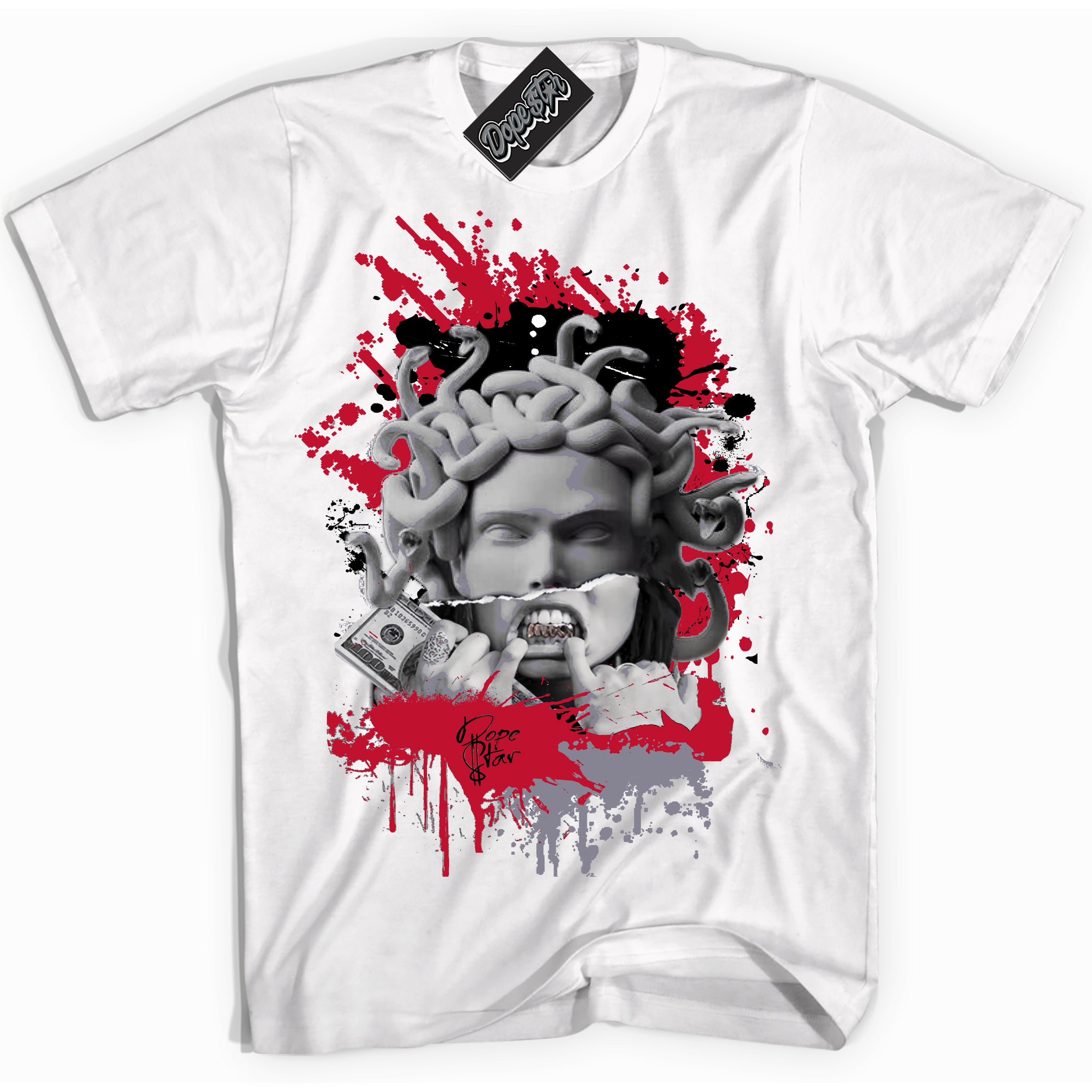 Cool White Shirt with “ Medusa ” design that perfectly matches Cement Grey Fire Red 1s Sneakers.