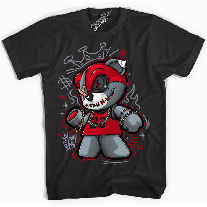 Cool Black Shirt with “ Money Gang Bear ” design that perfectly matches Cement Grey Fire Red 1s Sneakers.