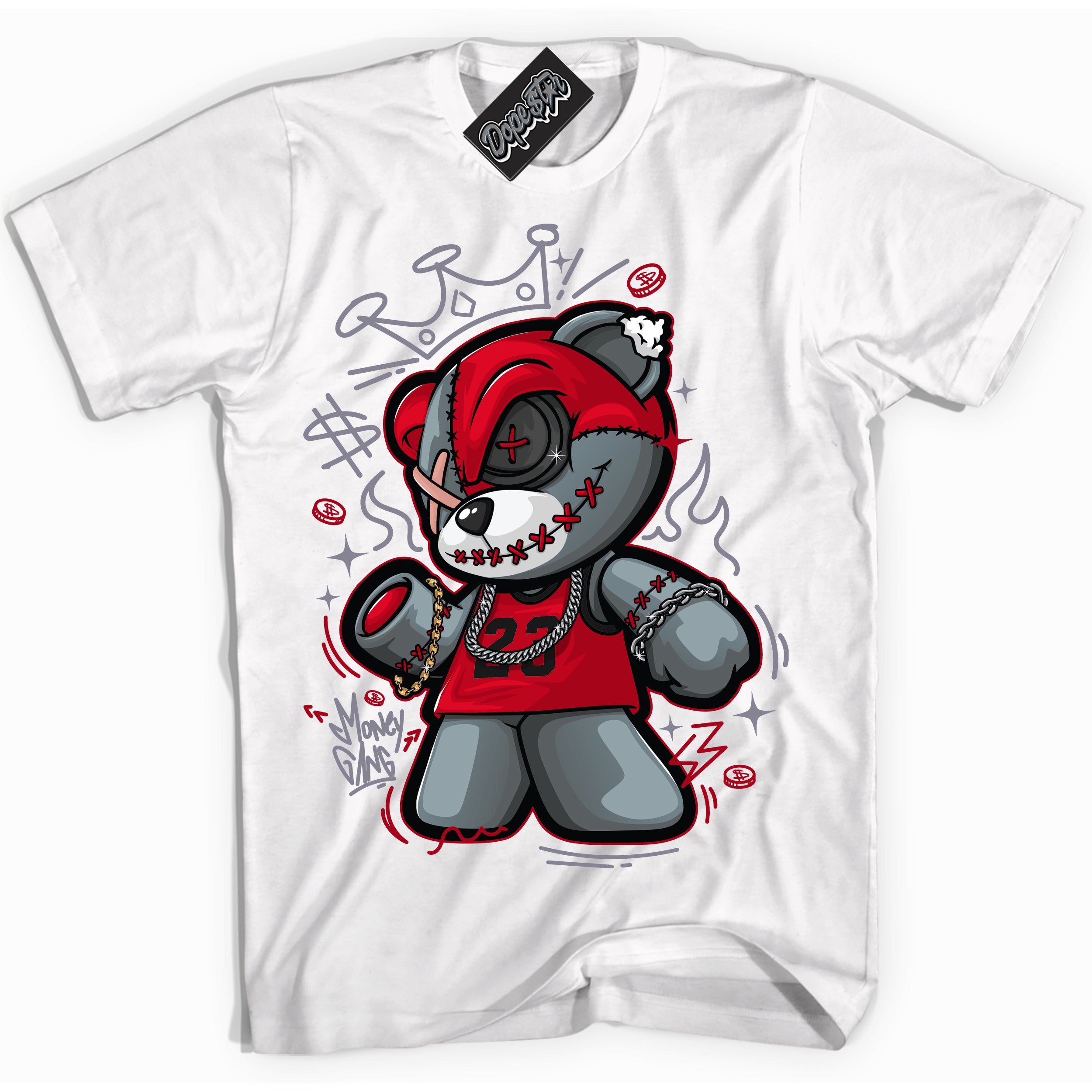 Cool White Shirt with “ Money Gang Bear ” design that perfectly matches Cement Grey Fire Red 1s Sneakers.