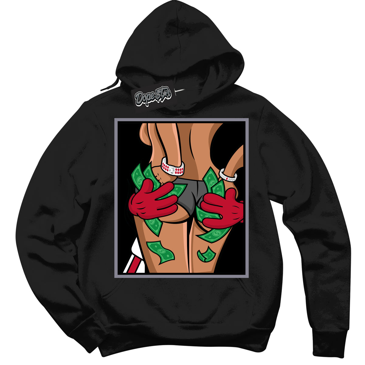 Cool Black Hoodie with “ Money Hands '' design that Perfectly Matches  Cement Grey Fire Red 1s Sneakers.