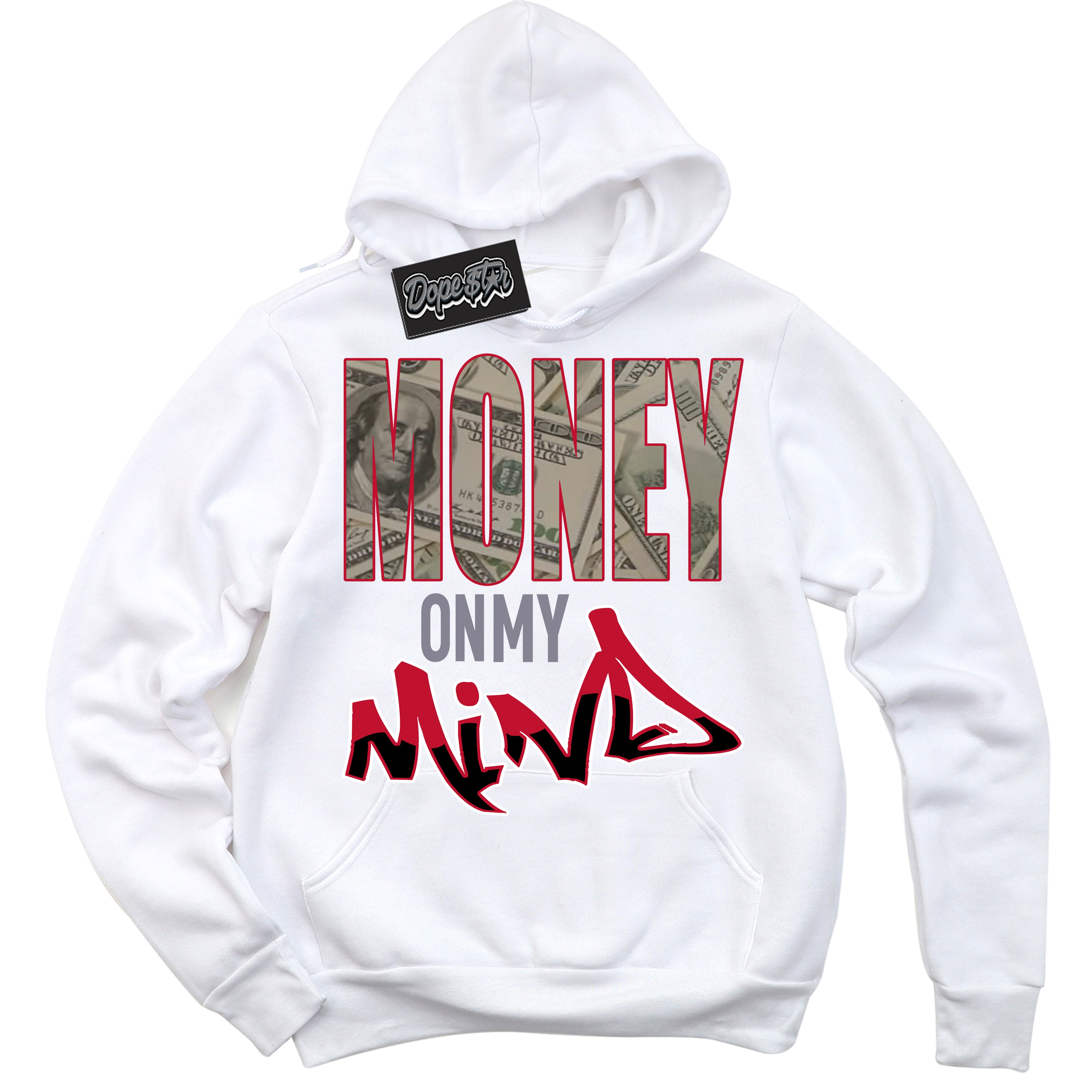 Cool White Hoodie with “ Money On My Mind '' design that Perfectly Matches  Cement Grey Fire Red 1s Sneakers.