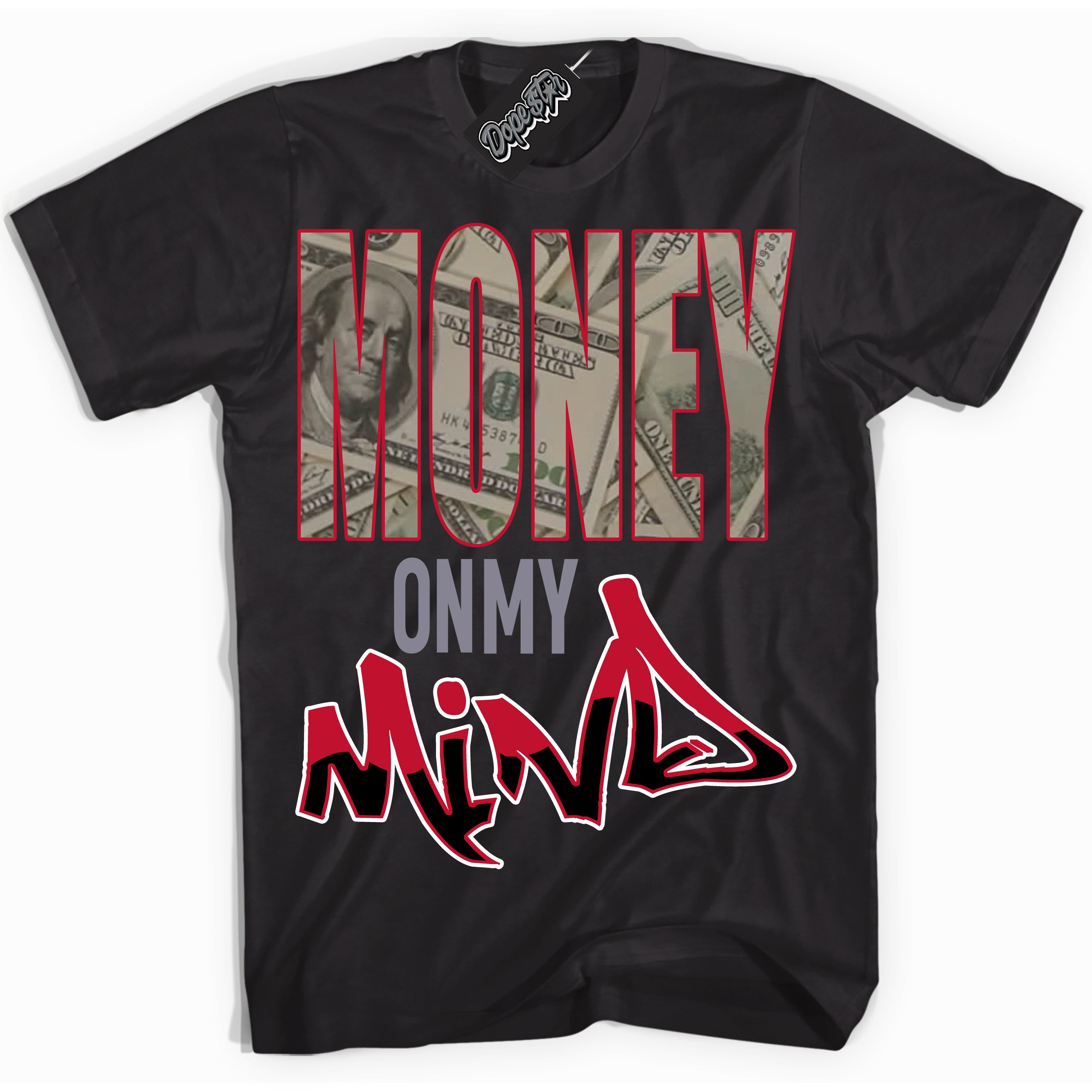 Cool Black Shirt with “ Money On My Mind ” design that perfectly matches Cement Grey Fire Red 1s Sneakers.