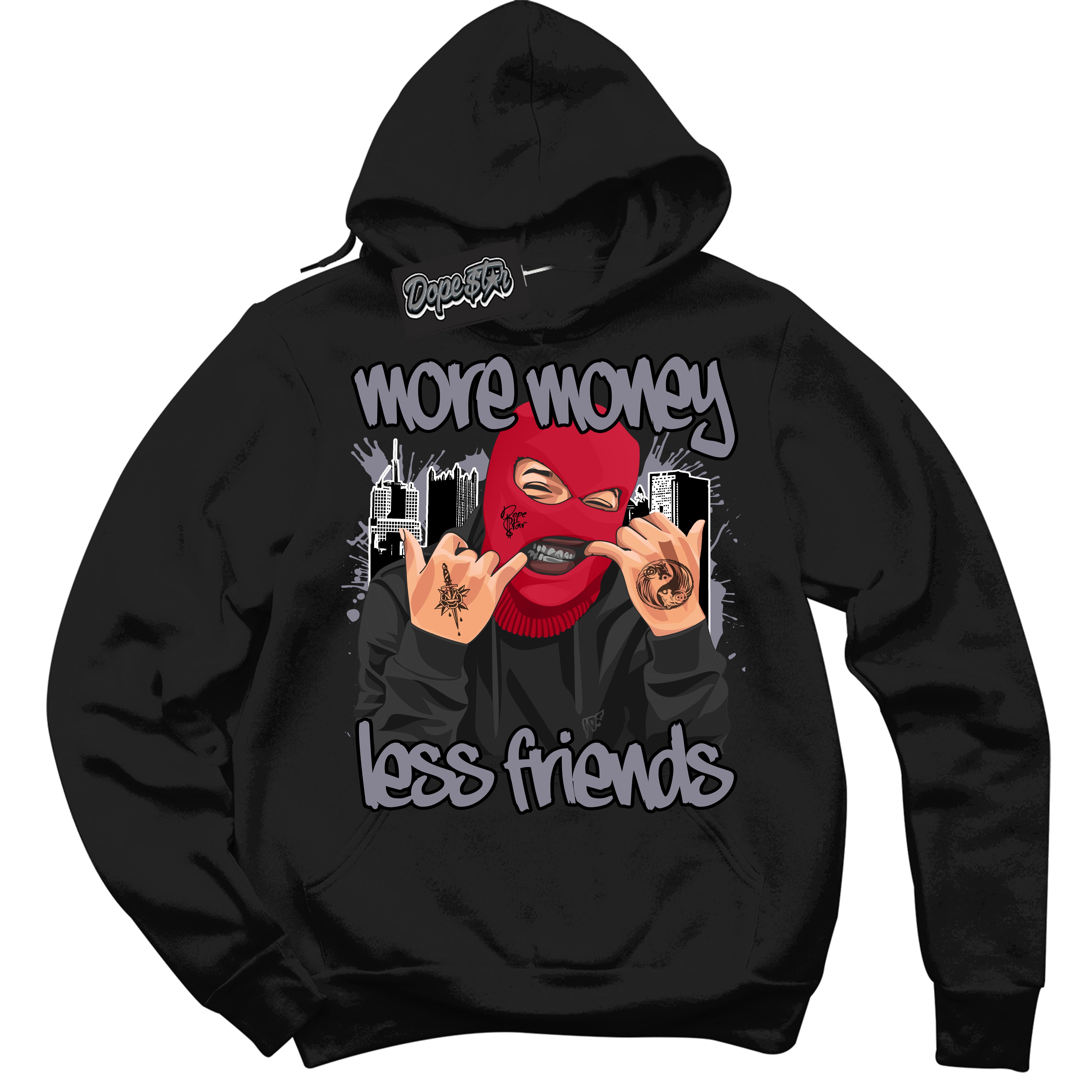 Cool Black Hoodie with “ More Money Less Friends '' design that Perfectly Matches  Cement Grey Fire Red 1s Sneakers.