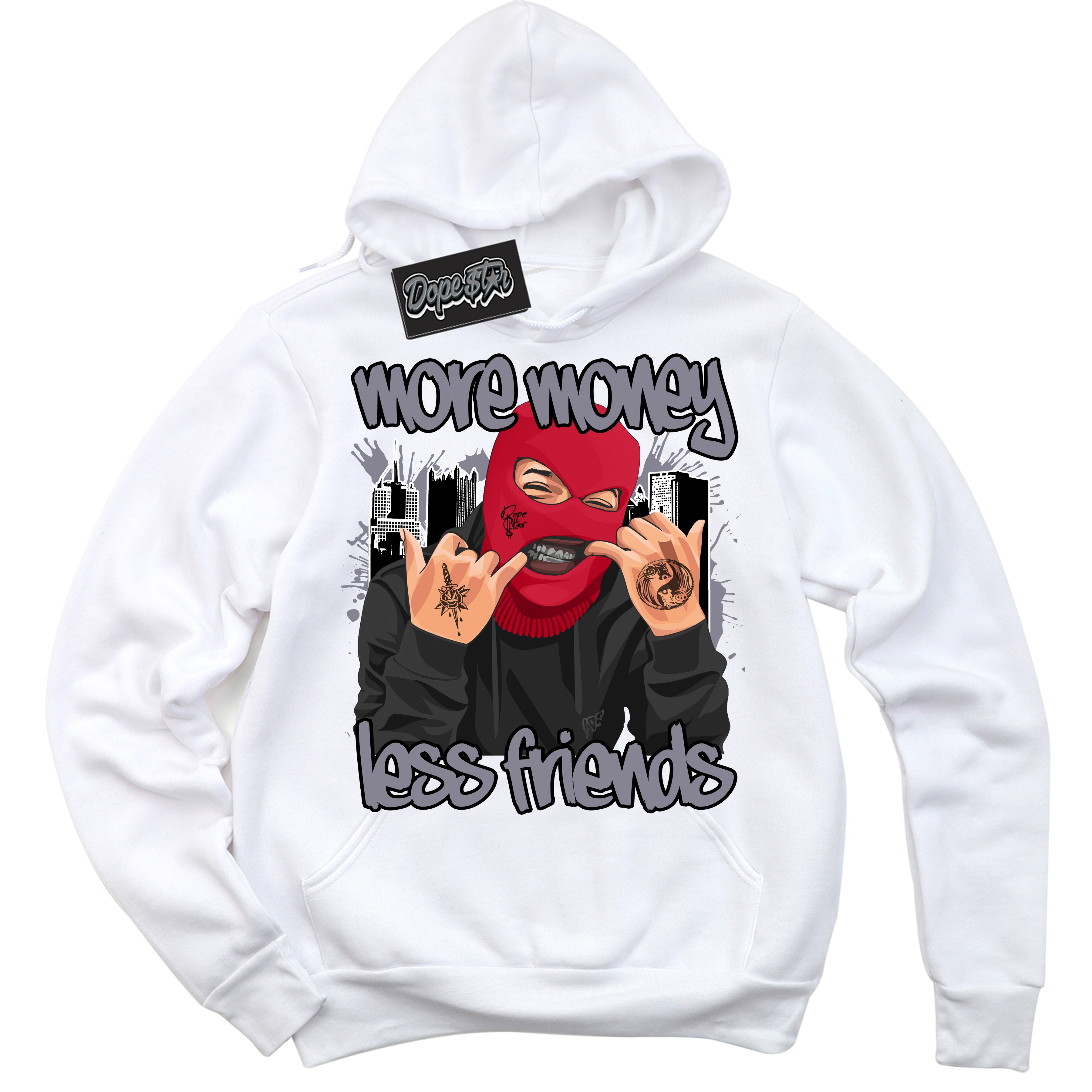 Cool White Hoodie with “ More Money Less Friends '' design that Perfectly Matches  Cement Grey Fire Red 1s Sneakers.