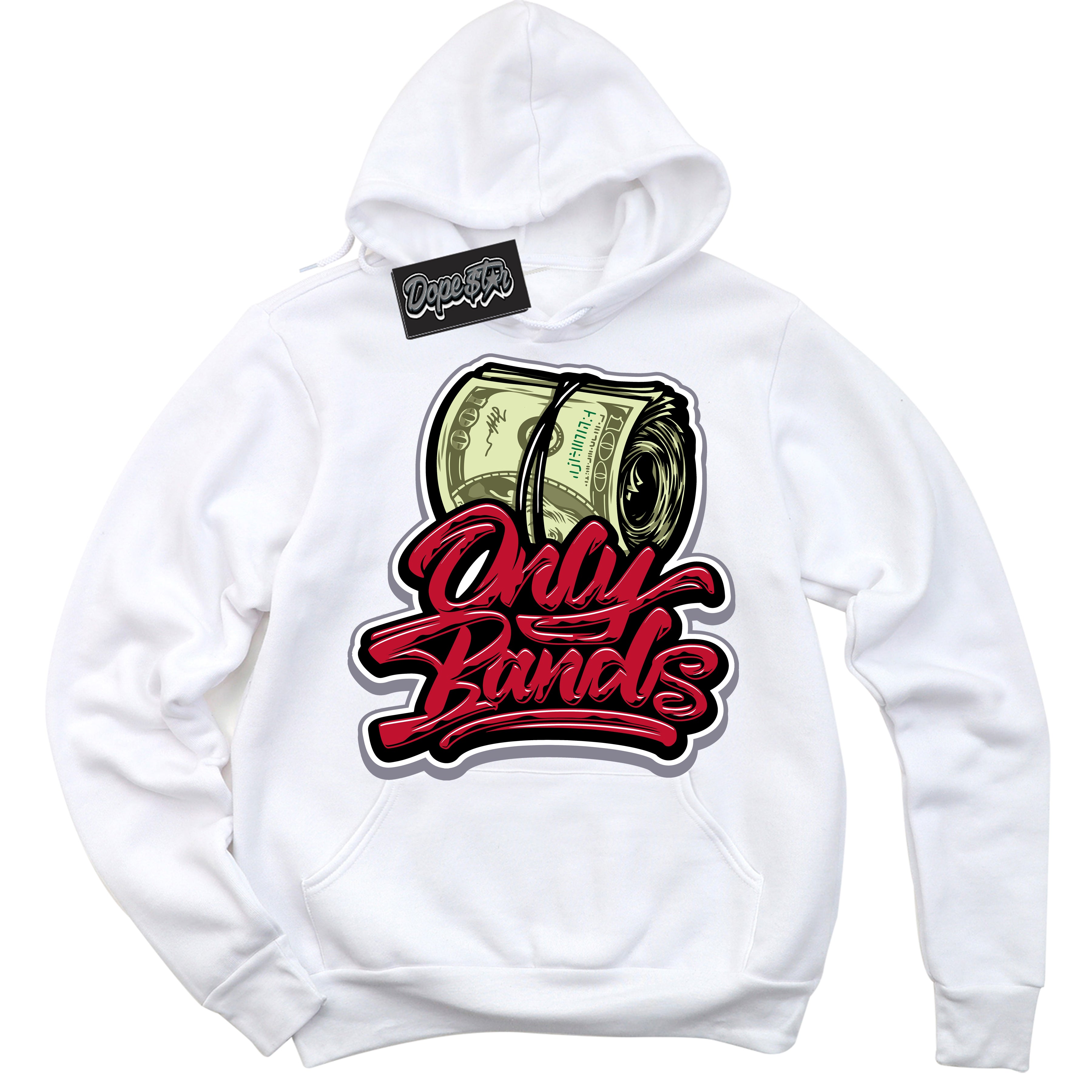 Cool White Hoodie with “ Only Bands '' design that Perfectly Matches  Cement Grey Fire Red 1s Sneakers.