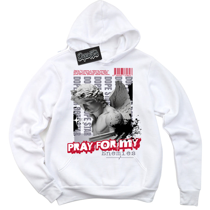 Cool White Hoodie with “ Pray Enemies ”  design that Perfectly Matches Cement Grey Fire Red 1s Sneakers.