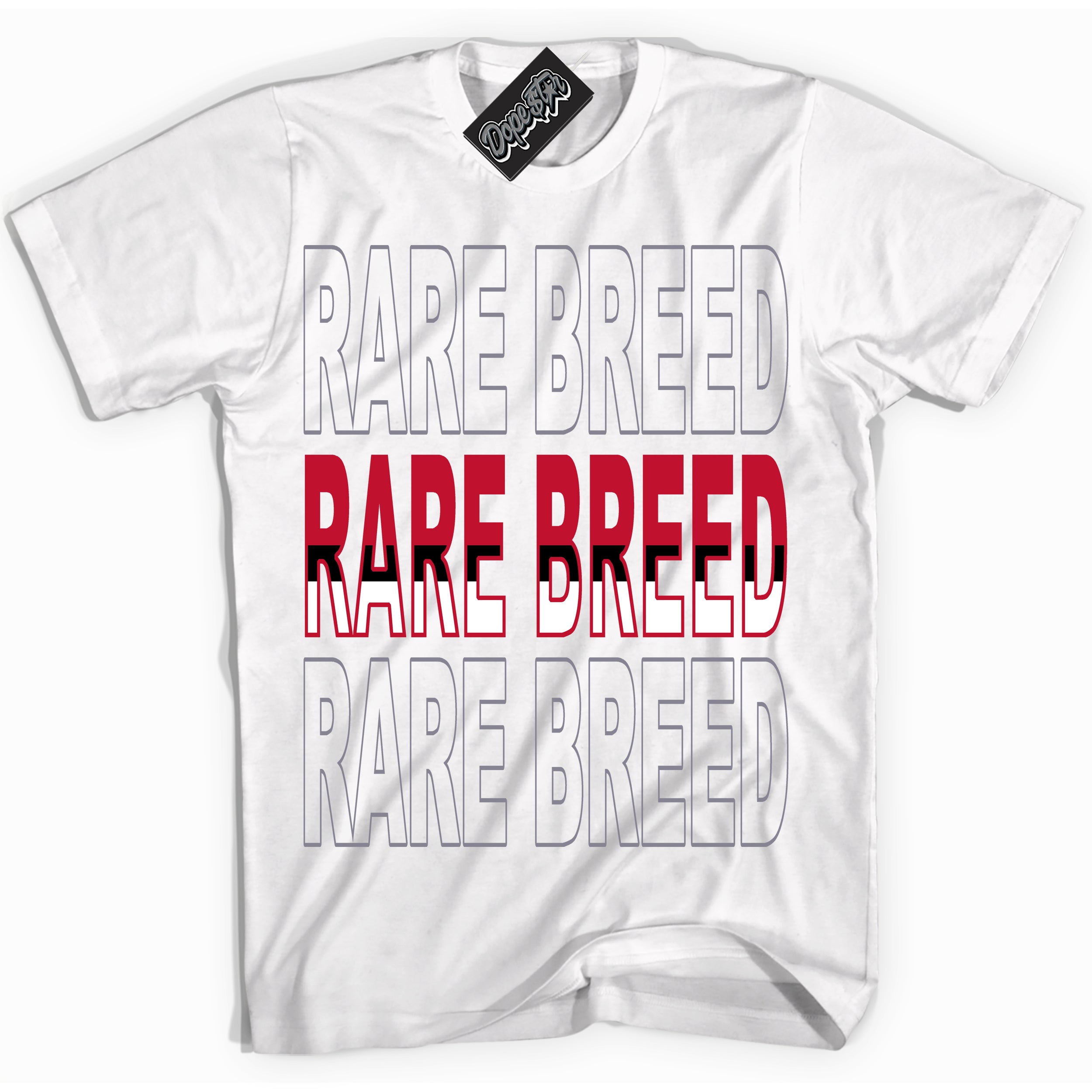 Cool White Shirt with “ Rare Breed ” design that perfectly matches Cement Grey Fire Red 1s Sneakers.