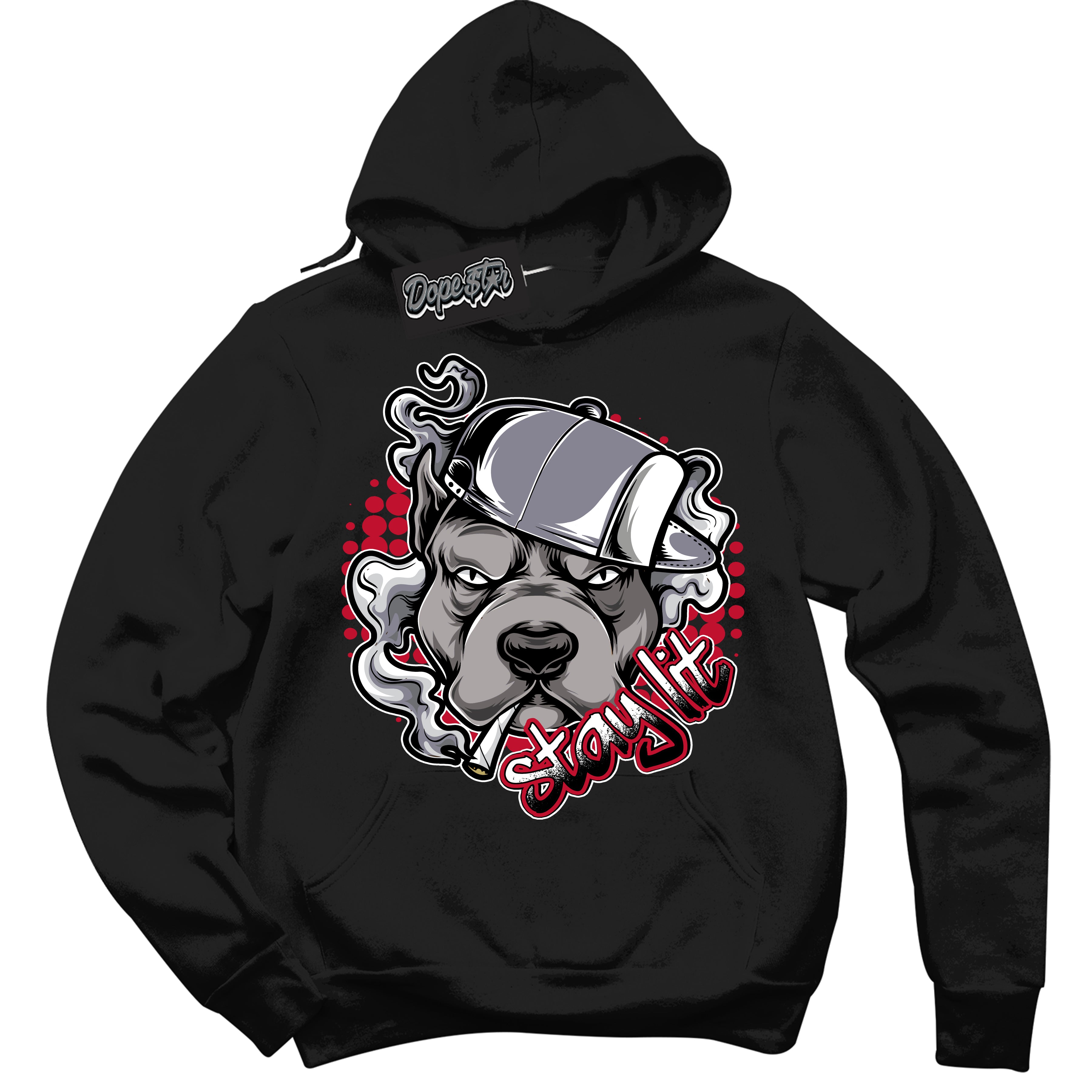 Cool Black Hoodie with “ Stay Lit '' design that Perfectly Matches  Cement Grey Fire Red 1s Sneakers.