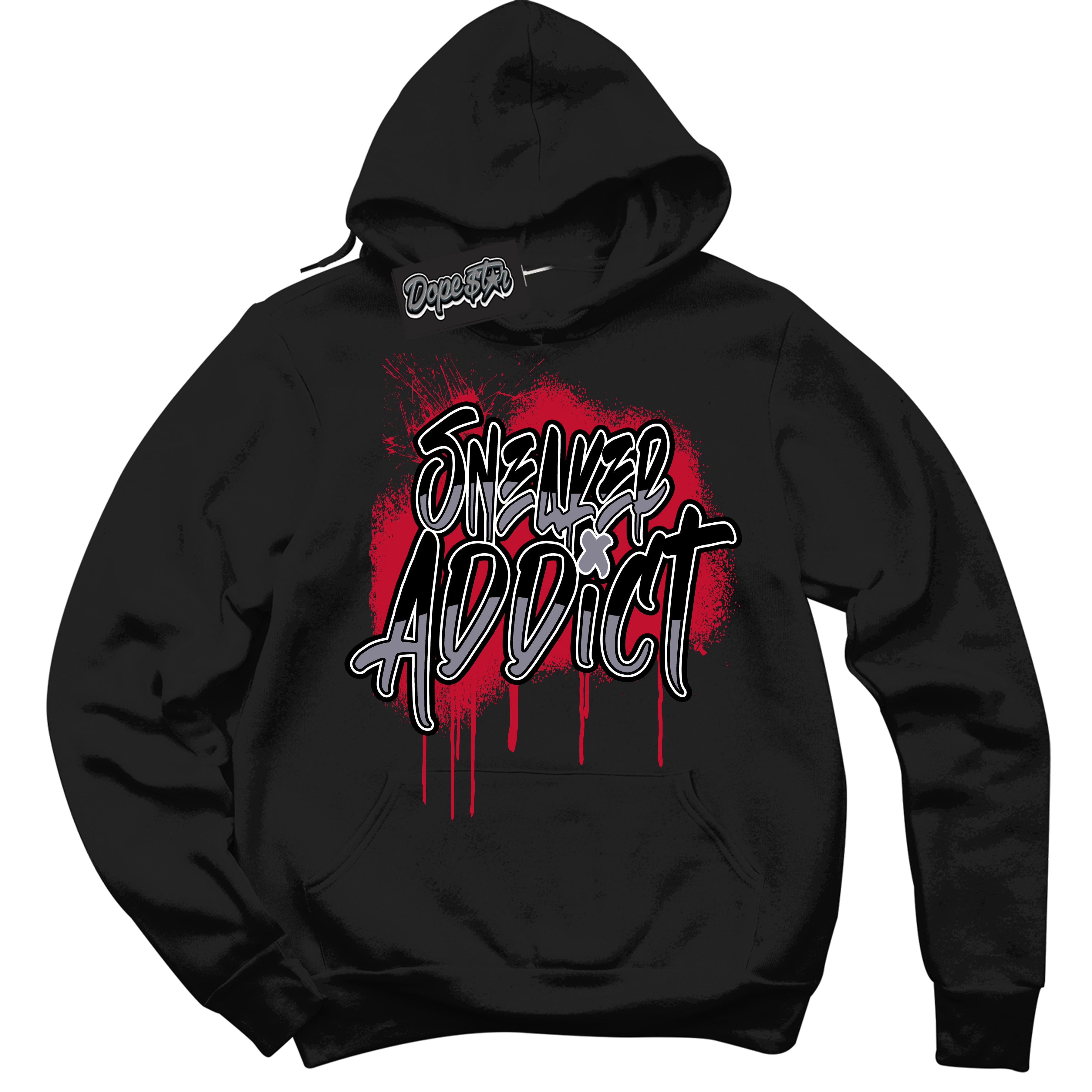 Cool Black Hoodie with “ Sneaker Addict '' design that Perfectly Matches  Cement Grey Fire Red 1s Sneakers.
