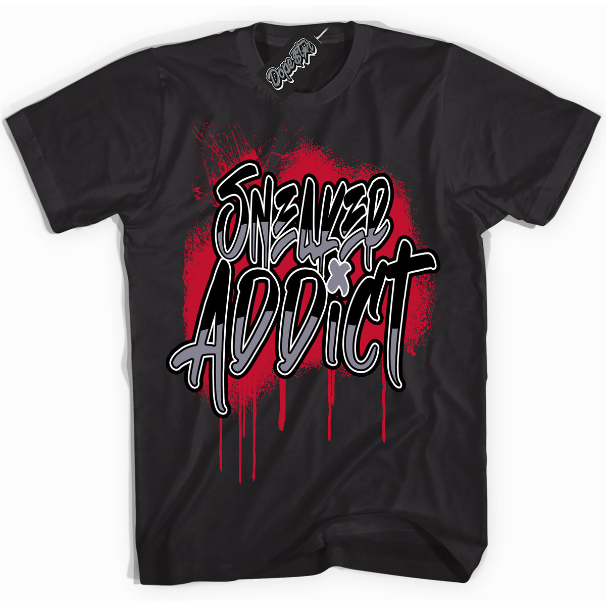 Cool Black Shirt with “ Sneaker Addict ” design that perfectly matches Cement Grey Fire Red 1s Sneakers.