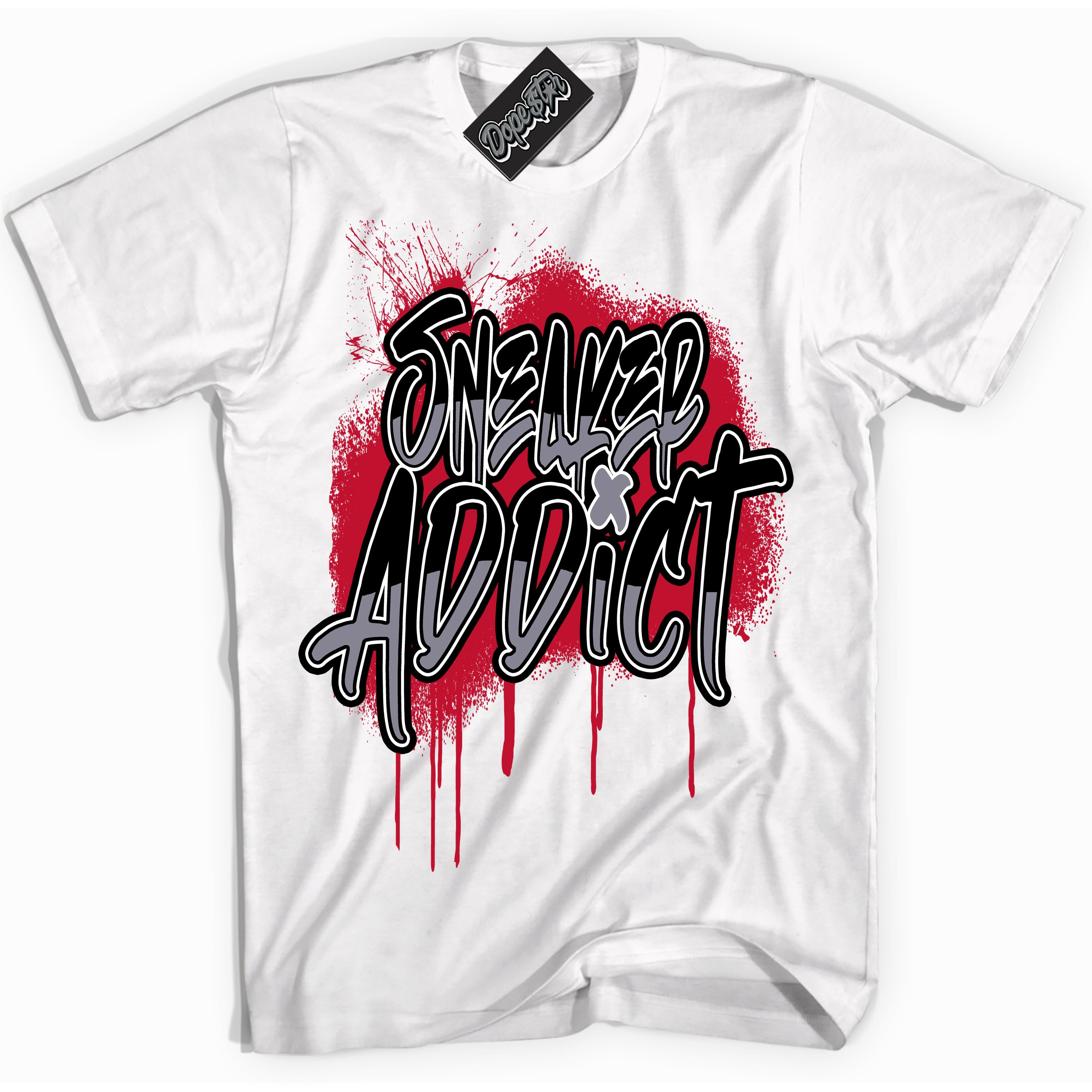 Cool White Shirt with “ Sneaker Addict ” design that perfectly matches Cement Grey Fire Red 1s Sneakers.