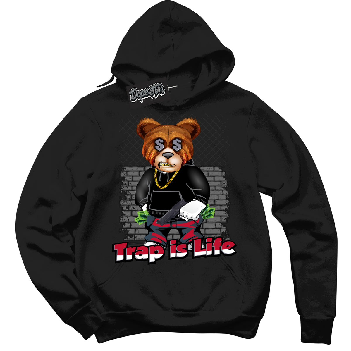 Cool Black Hoodie with “ Trap Is Life '' design that Perfectly Matches  Cement Grey Fire Red 1s Sneakers.