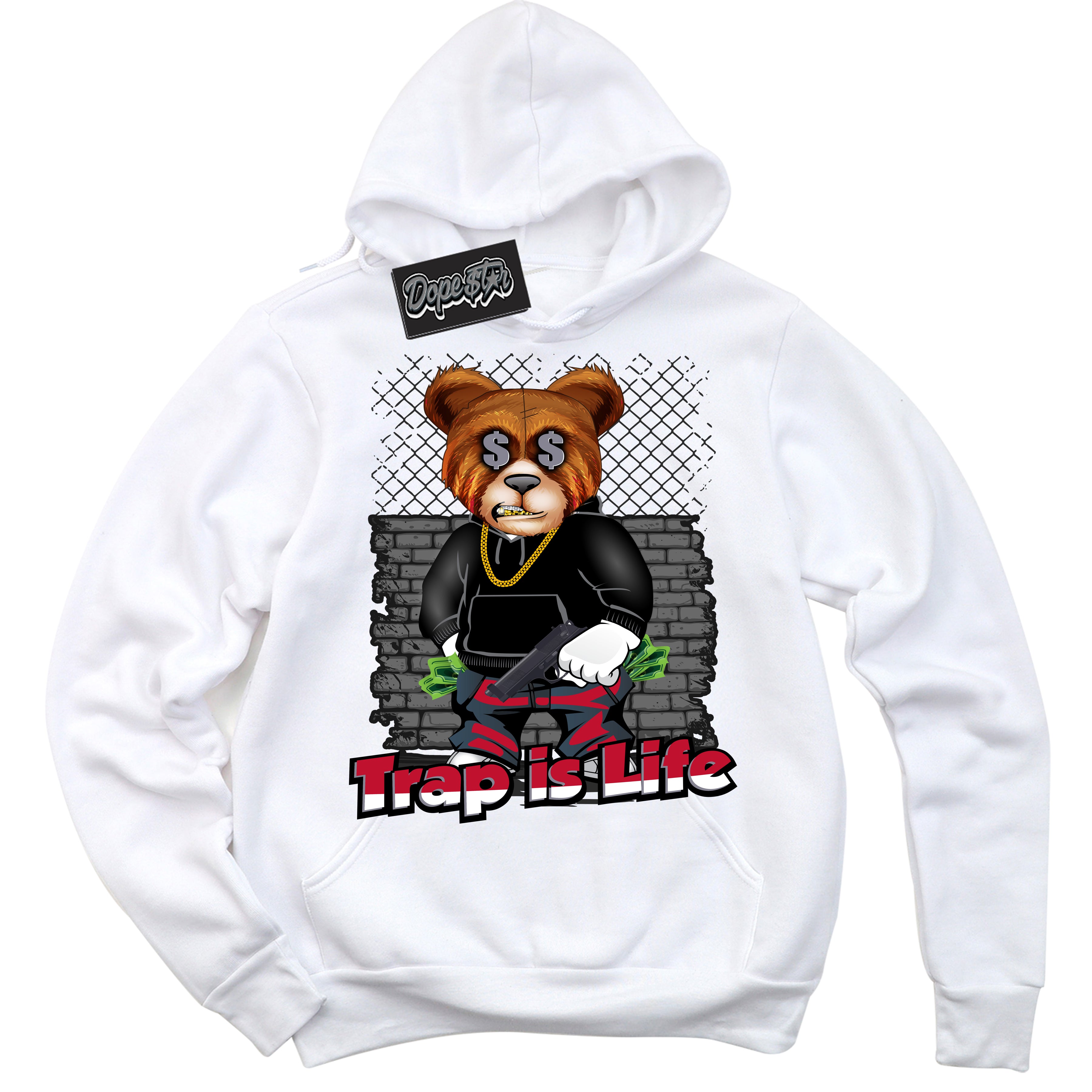 Cool White Hoodie with “ Trap Is Life '' design that Perfectly Matches  Cement Grey Fire Red 1s Sneakers.