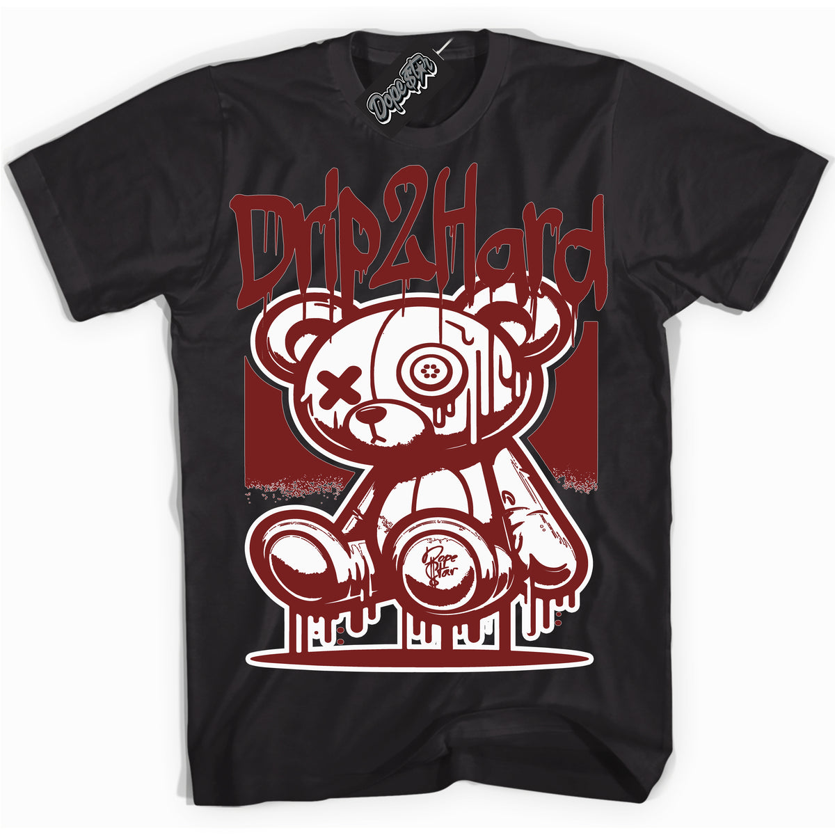 Cool Black graphic tee with “ Drip 2 Hard ” design, that perfectly matches Dune Red 1s sneakers