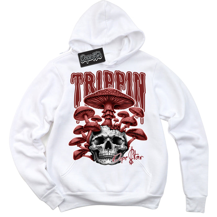 Cool White Hoodie with “Trippin” design that Perfectly Matches Dune Red 1s Sneakers.