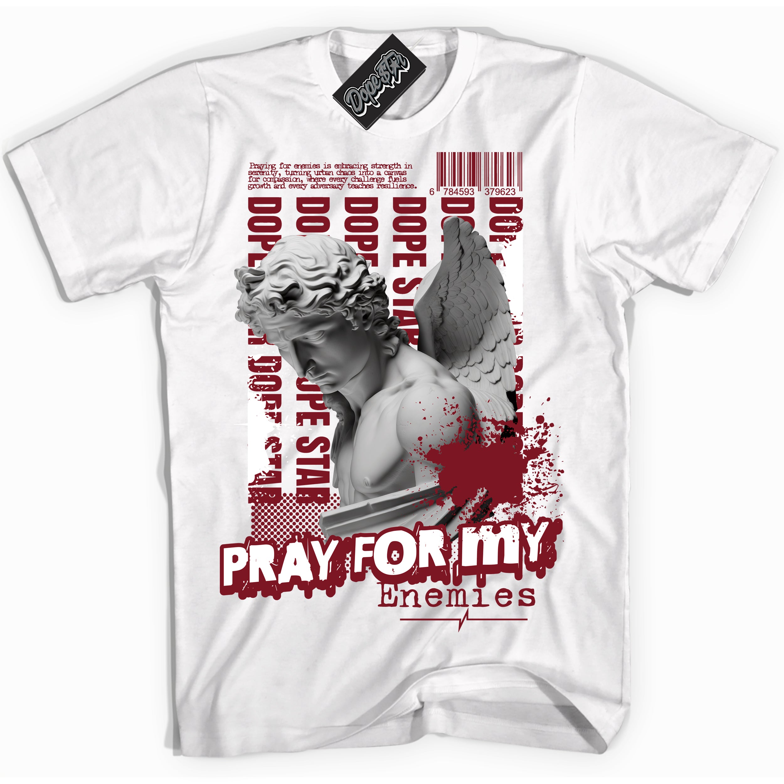 Cool White Shirt with “ Pray Enemies” design that perfectly matches Dune Red 1s Sneakers.