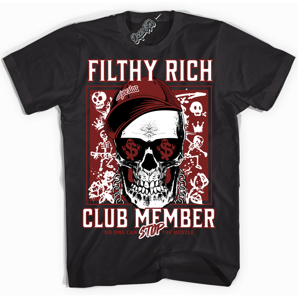 Cool Black Shirt with “ Filthy Rich” design that perfectly matches Dune Red 1s Sneakers.