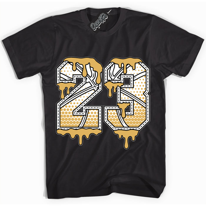 Cool Black Shirt with “ 23 Ball ” design that perfectly matches Gold Swoosh 1s Sneakers.
