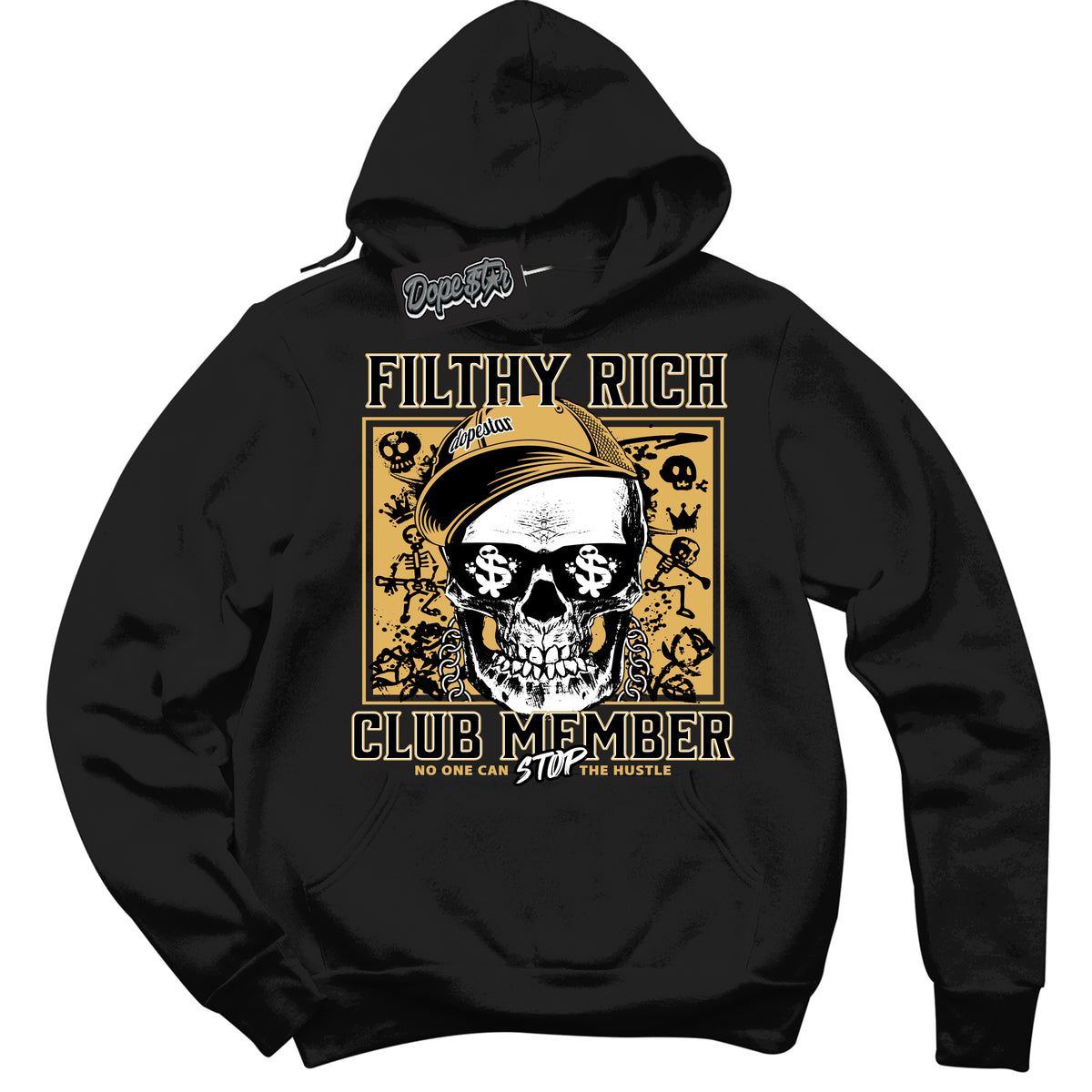 Cool Black Hoodie with “ Filthy Rich ”  design that Perfectly Matches Gold Swoosh 1s Sneakers.
