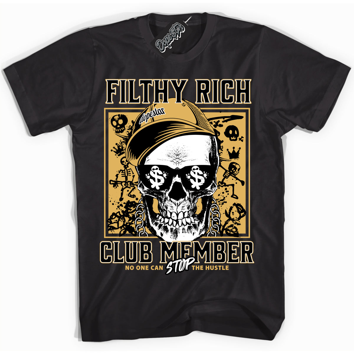 Cool Black Shirt with “ Filthy Rich ” design that perfectly matches Gold Swoosh 1s Sneakers.
