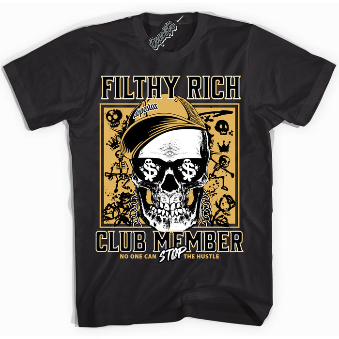 Cool Black Shirt with “ Filthy Rich ” design that perfectly matches Gold Swoosh 1s Sneakers.
