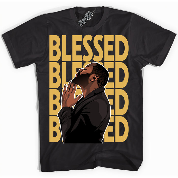 Cool Black Shirt with “ God Blessed ” design that perfectly matches Gold Swoosh 1s Sneakers.
