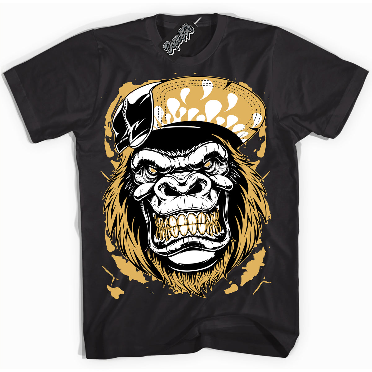 Cool Black Shirt with “ Gorilla Beast ” design that perfectly matches Gold Swoosh 1s Sneakers.
