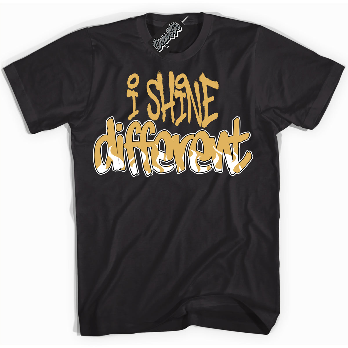 Cool Black Shirt with “ I Shine Different ” design that perfectly matches Gold Swoosh 1s Sneakers.
