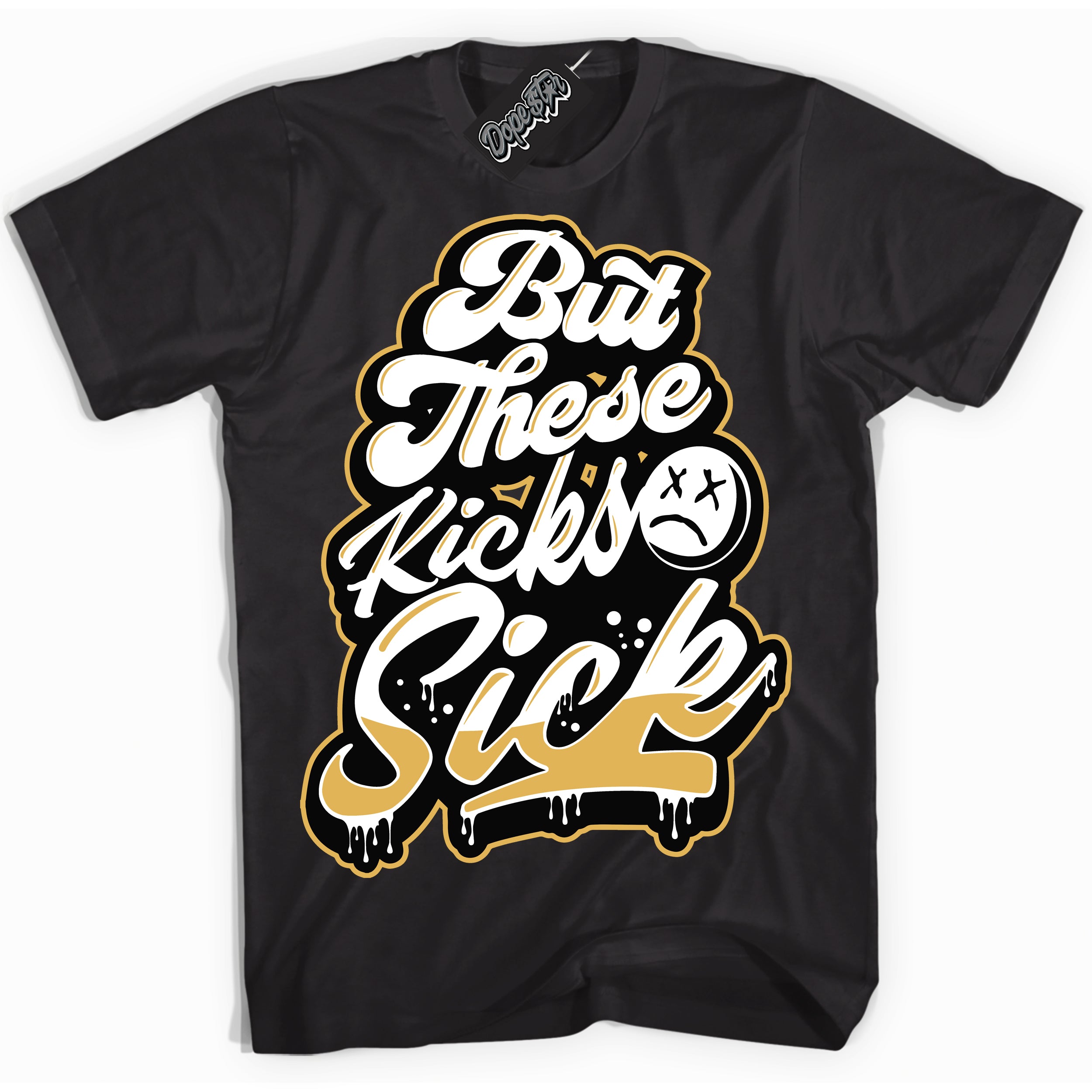 Cool Black Shirt with “ Kick Sick ” design that perfectly matches Gold Swoosh 1s Sneakers.
