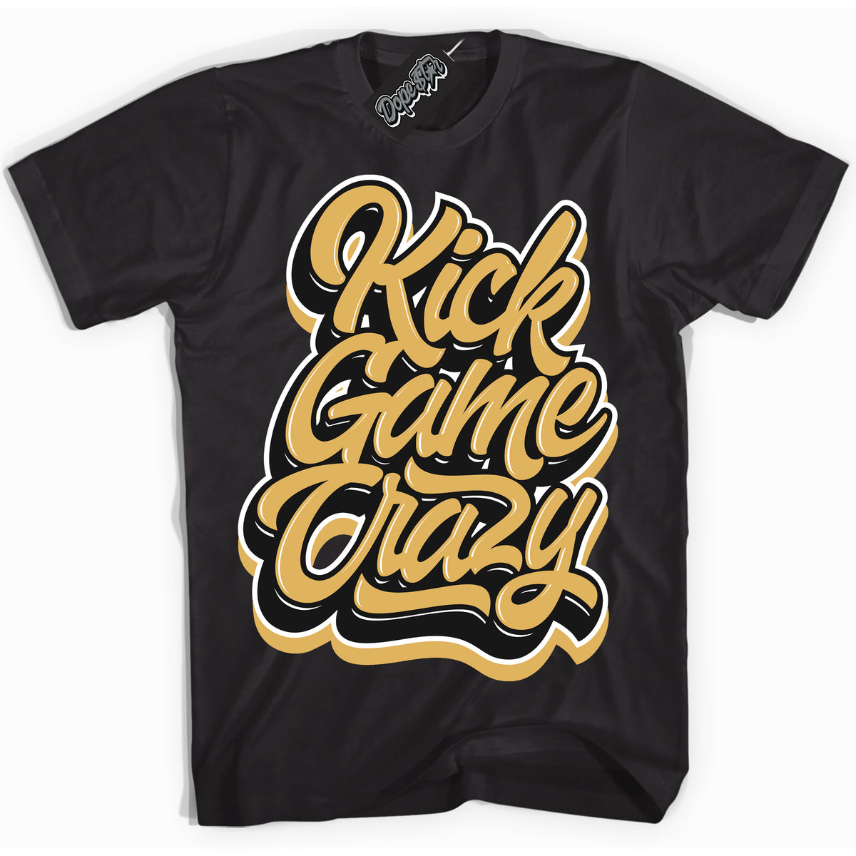 Cool Black Shirt with “ Kick Game Crazy ” design that perfectly matches Gold Swoosh 1s Sneakers.
