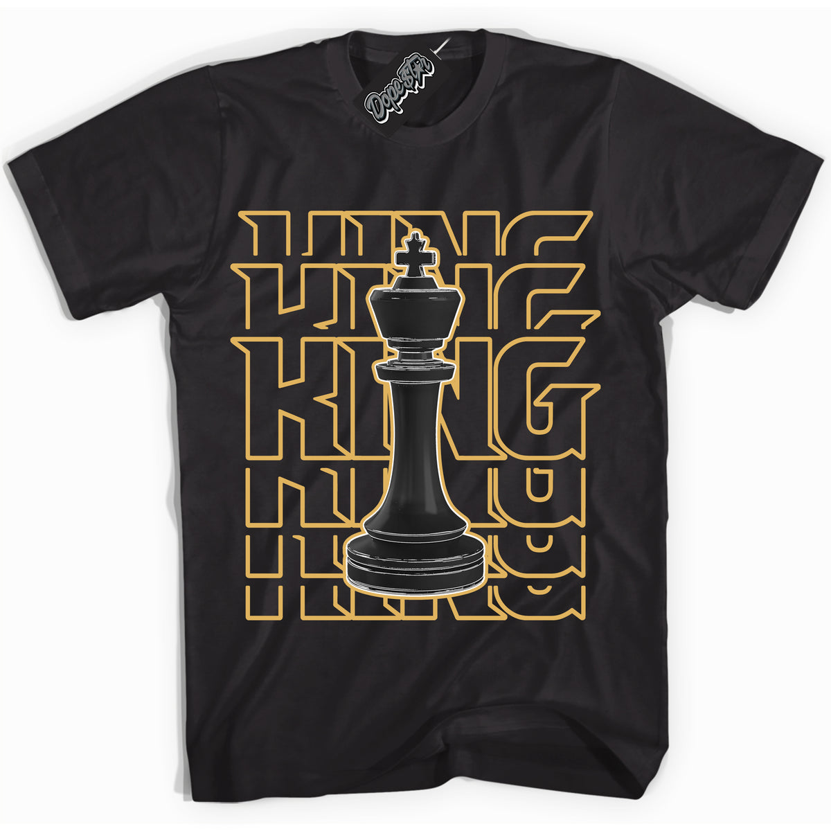 Cool Black Shirt with “ King Chess ” design that perfectly matches Gold Swoosh 1s Sneakers.
