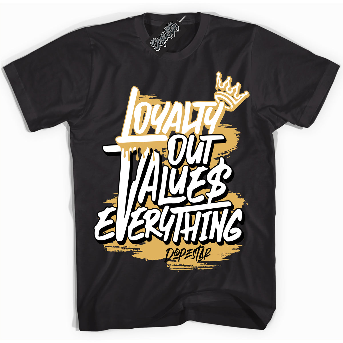 Cool Black Shirt with “ Loyalty Out Values Everything ” design that perfectly matches Gold Swoosh 1s Sneakers.
