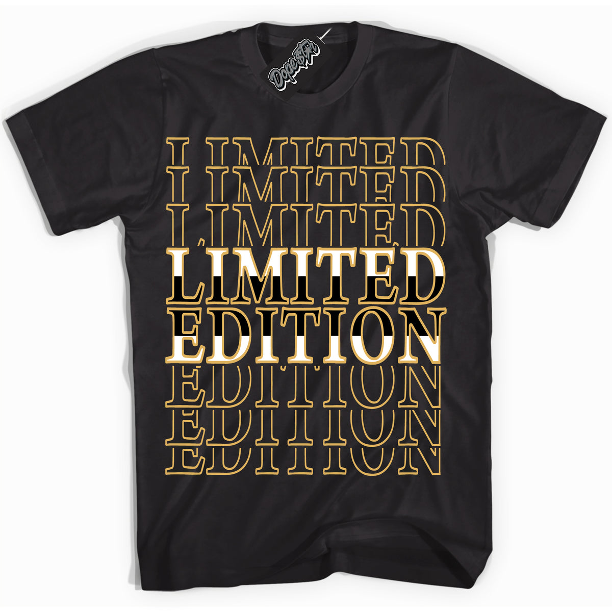 Cool Black Shirt with “ Limited Edition ” design that perfectly matches Gold Swoosh 1s Sneakers.

