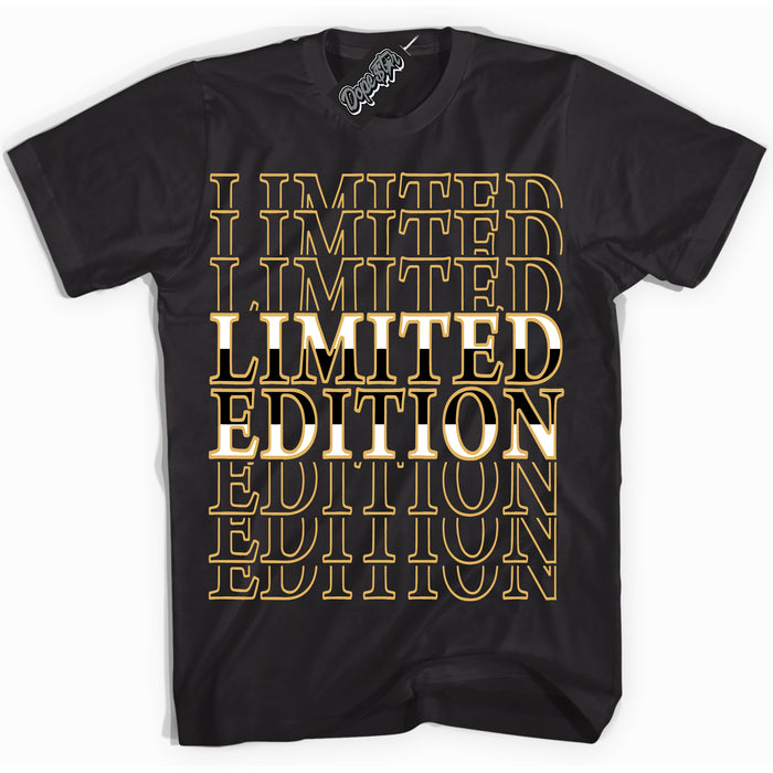 Cool Black Shirt with “ Limited Edition ” design that perfectly matches Gold Swoosh 1s Sneakers.
