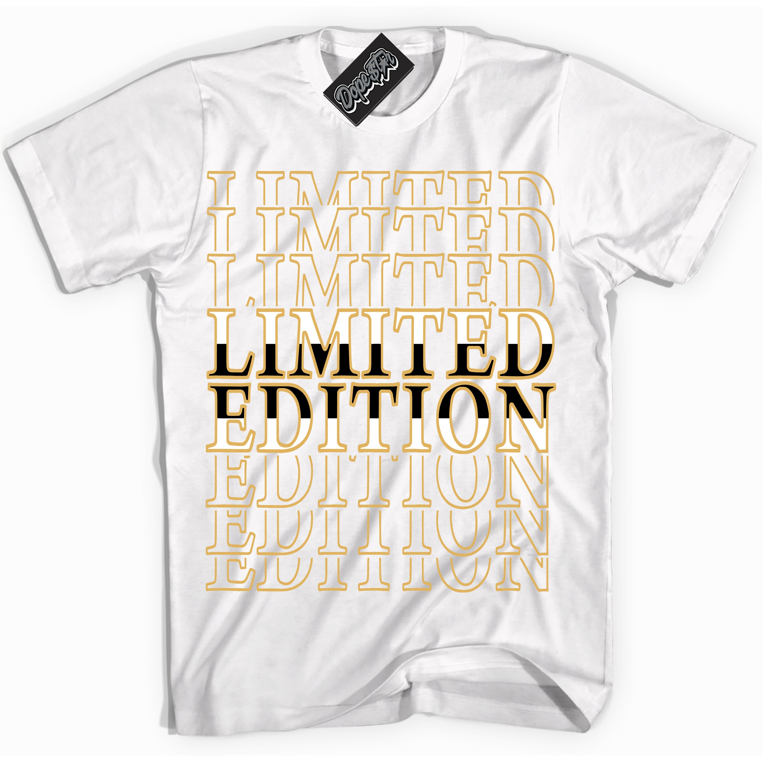 Cool White Shirt with “ Limited Edition ” design that perfectly matches Gold Swoosh 1s Sneakers.

