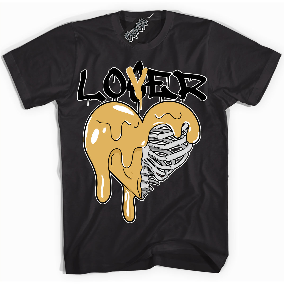Cool Black Shirt with “ Lover Loser ” design that perfectly matches Gold Swoosh 1s Sneakers.
