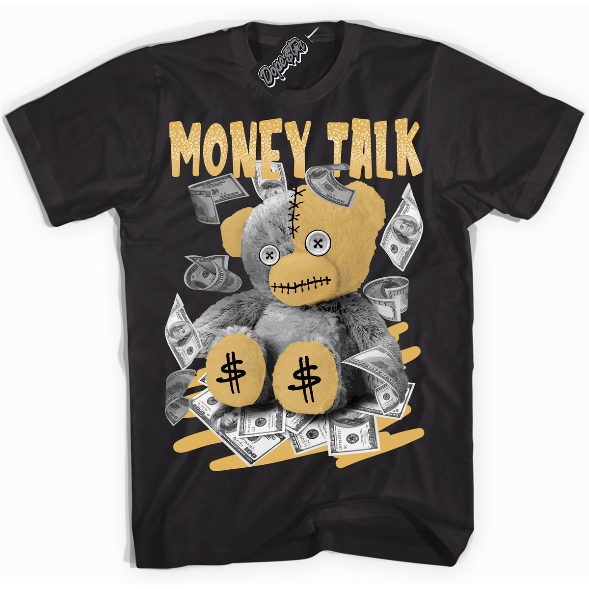 Cool Black Shirt with “ Money Talk Bear ” design that perfectly matches Gold Swoosh 1s Sneakers.
