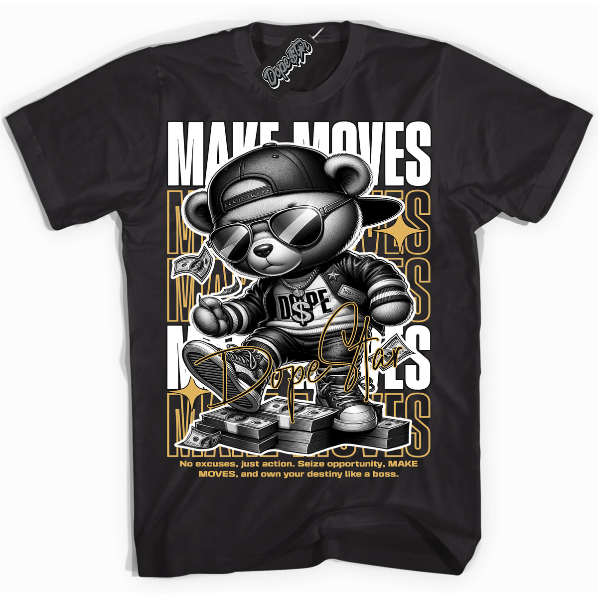 Cool Black Shirt with “ Make Moves ” design that perfectly matches Gold Swoosh 1s Sneakers.
