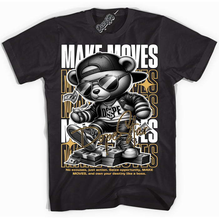 Cool Black Shirt with “ Make Moves ” design that perfectly matches Gold Swoosh 1s Sneakers.
