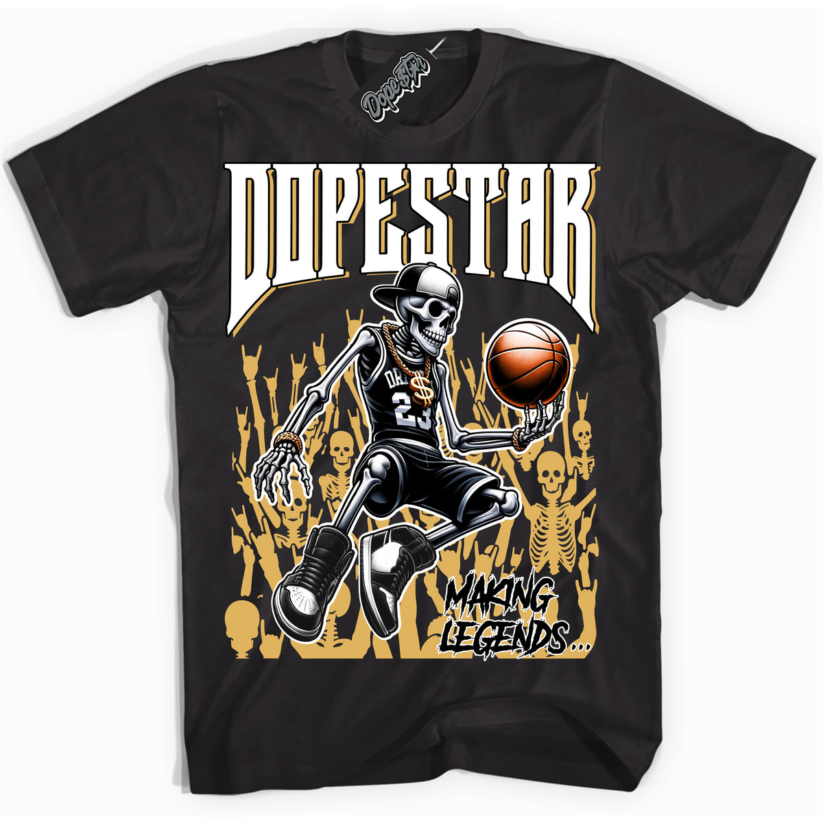 Cool Black Shirt with “ Making Legends ” design that perfectly matches Gold Swoosh 1s Sneakers.
