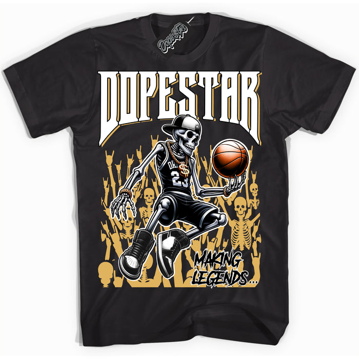 Cool Black Shirt with “ Making Legends ” design that perfectly matches Gold Swoosh 1s Sneakers.
