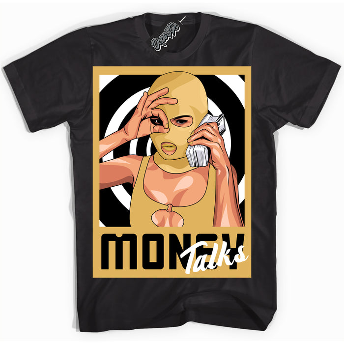 Cool Black Shirt with “ Money Talks ” design that perfectly matches Gold Swoosh 1s Sneakers.
